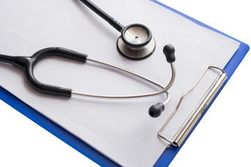 stethoscope and file on white table