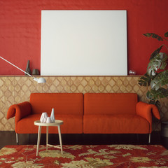 Concept of red living room, mock up poster, 3d rendering