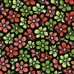 Green and orange doodle flower pattern. Seamless cute blossom background. Spring wallpaper. Vector illustration.