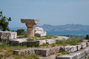 the ruins of Asklepieion in the background of the Aegean Sea and the Bodrum peninsula.