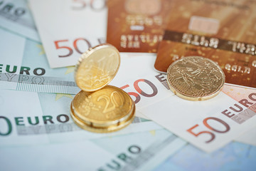 Euro money: closeup of banknotes and coins