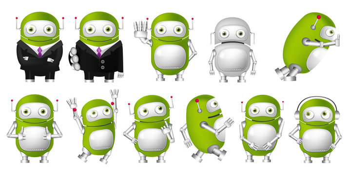 Vector set of green robots illustrations.