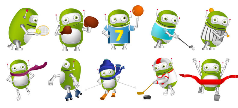 Vector set of green robots sport illustrations.