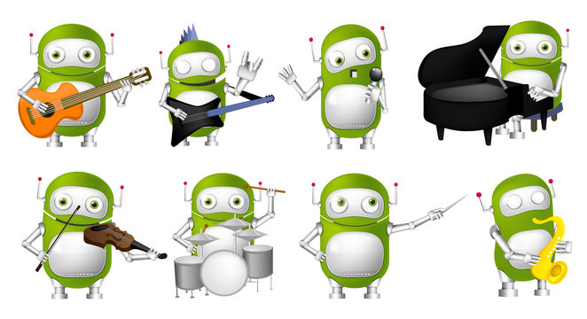 Vector set of green robots music illustrations.
