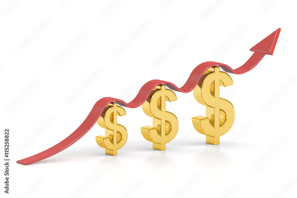 Poster growth red arrow with symbols of dollar. 3d rendering