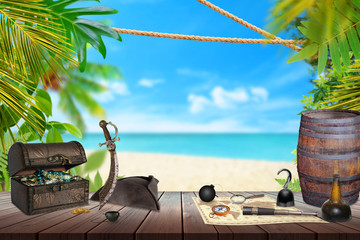 Fototapeta premium Stół piracki ze skarbem, mapą, rumem, kompasem, nożem. Palma, plaża i morze w tle.