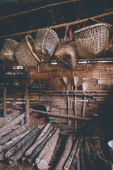 An ancient offshore salt well equipment hanging in the home made factory Bor-Klauer District, Nan, Thailand
