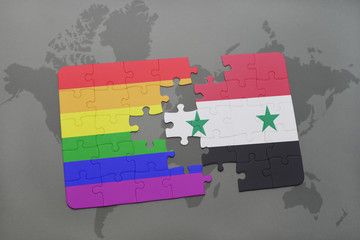 puzzle with the national flag of syria and gay rainbow flag on a world map background.