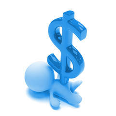 blue person lying under a huge dollar sign