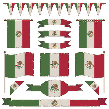 vintage vector mexican flag bunting ribbons banner decorations clipart isolated on white