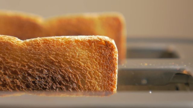 Burned toast bread in toaster while comes out 4K 2160p UHD footage - Two toast pieces in toaster 4K 3840X2160 UHD video 