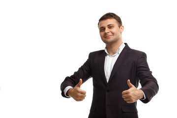 Handsome businessman showing thumbs up