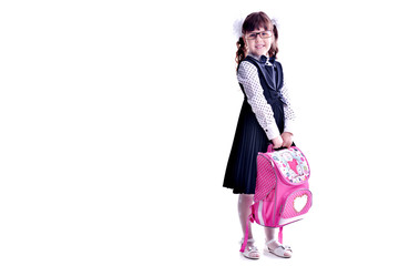 Portrait of teenager girl with school backpack holding colored folders isolated on white background