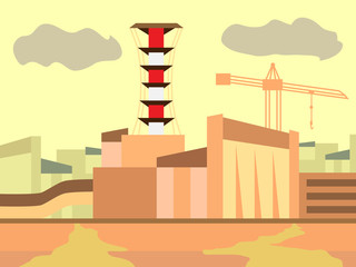 Old factory with tower. Environmental pollution concept. Vector illustration.