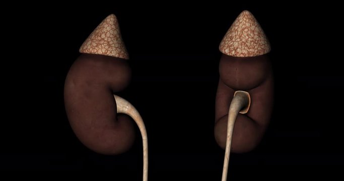 Animation of kidneys and adrenal glands organs of urinary system of a human body in rotation on black background gyrating 360 degree