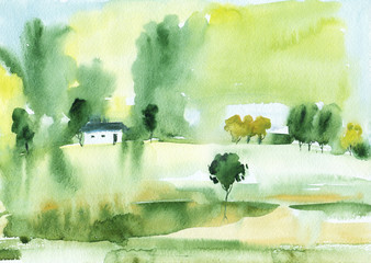 Fototapeta premium Watercolor painting. Natural summer landscape with trees and house.