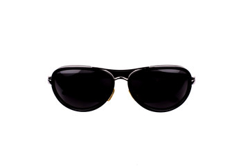 Aviator sunglasses isolated on white. Cool sunglasses isolated on white background. In black plastic frame. Top view. Close up.
