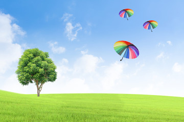 Colourful umbrellas floating in the sky