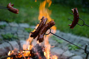 Grilling sausages over a campfire 