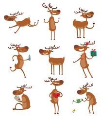 Obraz premium Cute deer cartoon running comic wild vector character. Vector wild mammal cartoon deer celebration, humor mascot. Elk antler clip art holiday symbol stag nature cartoon deer forest animal set.
