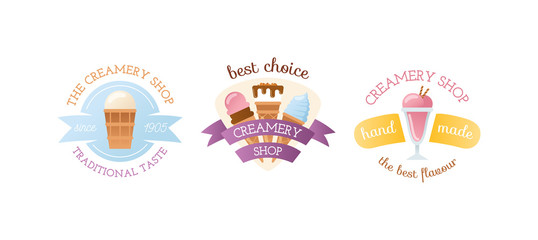 Icecream badge logo food sticky, chocolate cold retro dessert vector illustration. Icecream badge frozen sweets and cold summer icecream badges. Icecream badge modern shop style.
