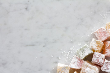 Turkish Delight from Above on Marble Board with Copy Space