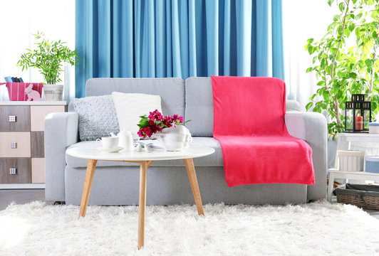 Modern room interior with sofa and flowers