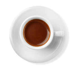White cup of coffee and saucer on white background
