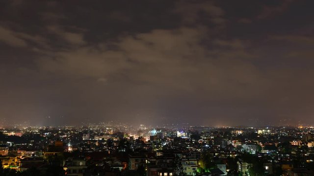 Time-lapse of Kathmandu city at night, one lightning strike at the beginning