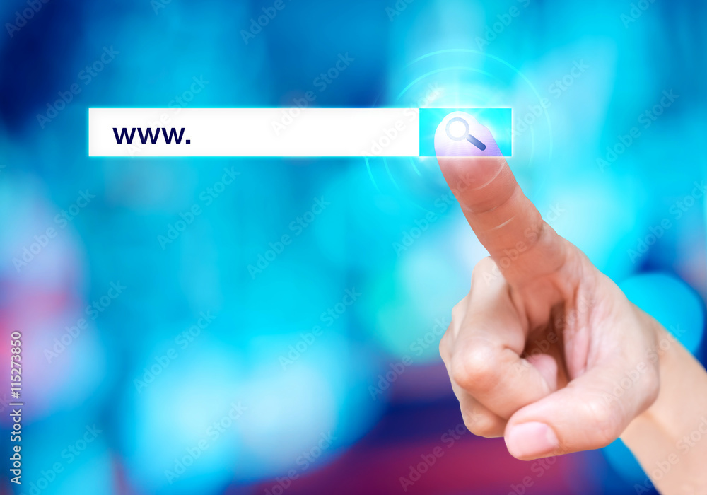 Poster finger touch on search button with search bar and www. word at b