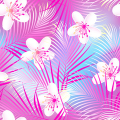 Fototapeta na wymiar Tropical frangipani hibiscus with pink palms seamless pattern