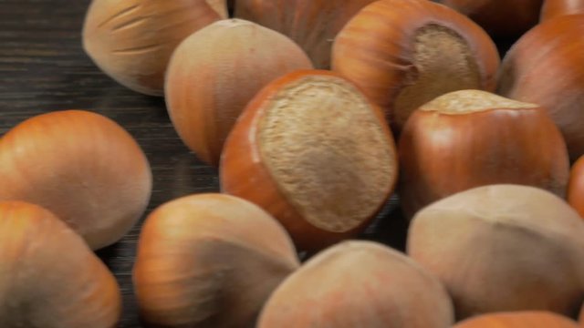 Corylus avellana filberts on wooden surface slow dolly sliding 4K 