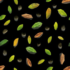 Seamless green and brown leaves with white pebble stone on black background