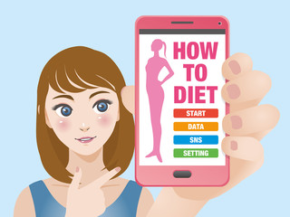 young woman holding smart phone and pointing diet application interface in screen, vector illustration
