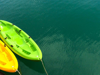 Colorful kayak align the waters of river, Thailand. Kayak. Kayak at the river with space for text...