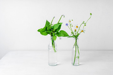 wild flowers in glass bottles on white background.
