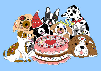 dogs happy birthday party with big cake, hand drawn vector