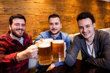 Male friends toasting beer at restaurant
