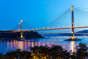 Suspension bridge in Hong Kong at night