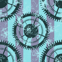 Vector seamless patterns with mechanism of watch. Creative geometric blue grunge backgrounds with gear wheel. Texture with cracks, ambrosia, scratches, attrition. Graphic illustration.