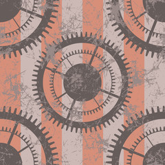 Vector seamless patterns with mechanism of watch. Creative geometric pastel grunge backgrounds with gear wheel. Texture with cracks, ambrosia, scratches, attrition. Graphic illustration.