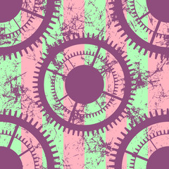 Vector seamless patterns with mechanism of watch. Creative geometric colorful grunge backgrounds with gear wheel. Texture with cracks, ambrosia, scratches, attrition. Graphic illustration.