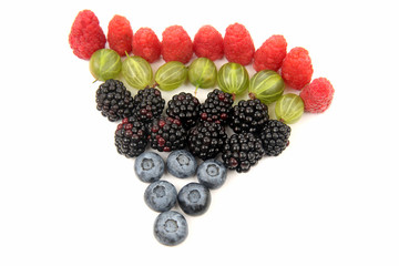 raspberries, gooseberries, blackberries and blueberries on white