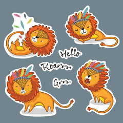 Sticker set of cartoon lion action