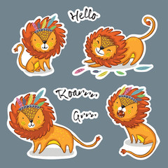 Sticker set of cartoon lion action