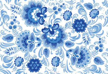 Vector seamless pattern in traditional russian gzhel style - obrazy, fototapety, plakaty