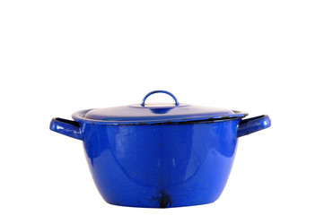 Blue enamel pot isolated on white background.