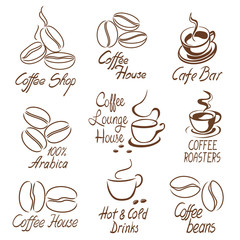 set of coffee shop signs with beans and cups line art style