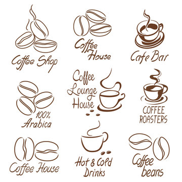 set of coffee shop signs with beans and cups line art style