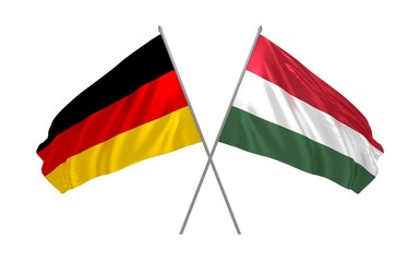 3d illustration of Germany and Hungary flags together waving in the wind